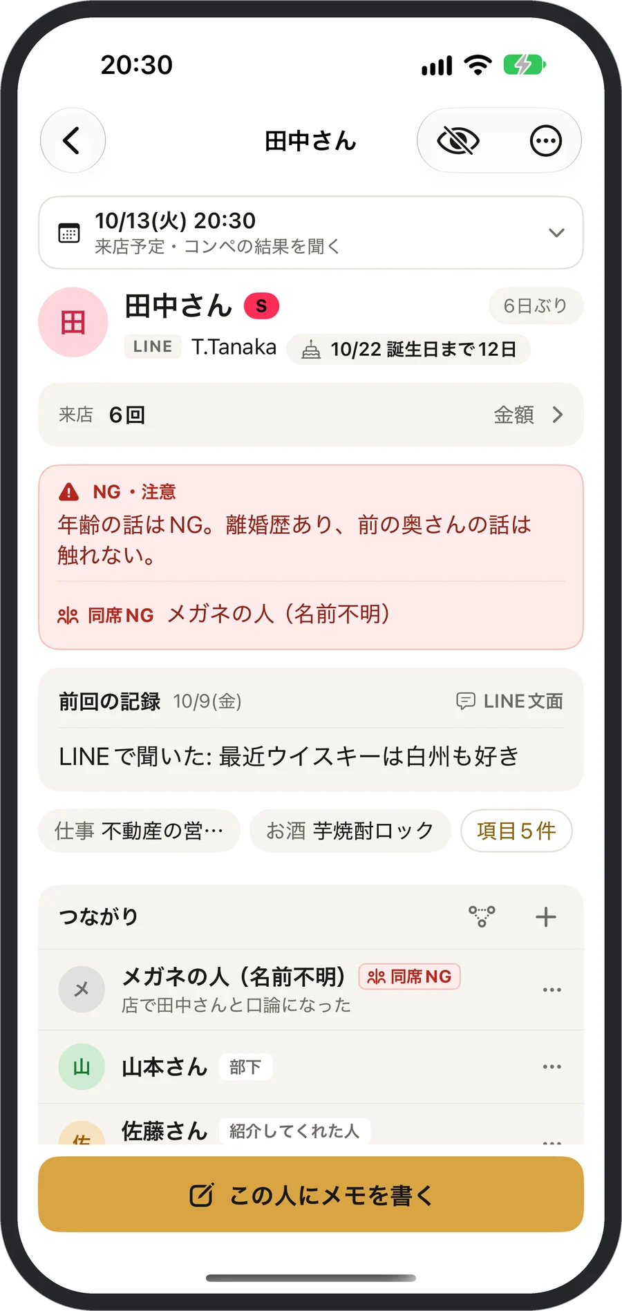 お客様のページ。NGと前回の記録が上に並んでいる